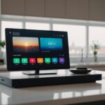 Apple smart home display concept on modern kitchen counter with interface