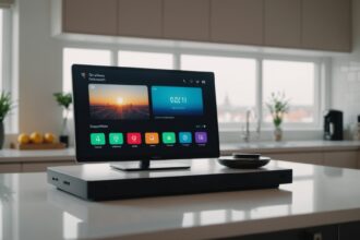 Apple smart home display concept on modern kitchen counter with interface