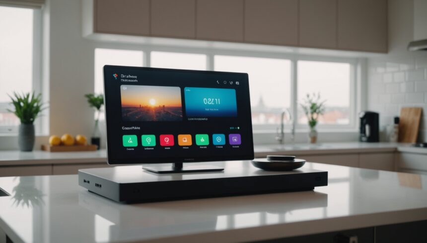 Apple smart home display concept on modern kitchen counter with interface
