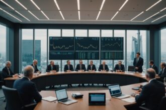 ECB officials reviewing economic forecasts in Frankfurt boardroom meeting