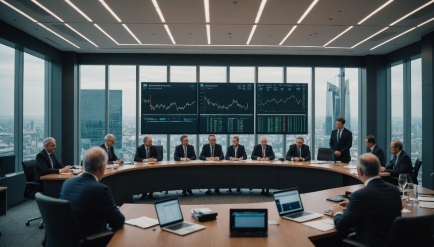 ECB officials reviewing economic forecasts in Frankfurt boardroom meeting