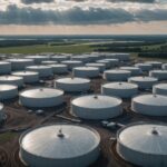 Strategic petroleum reserve oil storage tanks aerial view industrial facility