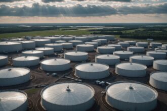 Strategic petroleum reserve oil storage tanks aerial view industrial facility