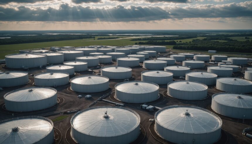 Strategic petroleum reserve oil storage tanks aerial view industrial facility