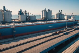 Fertilizer loading facility at Gulf port with cargo ships