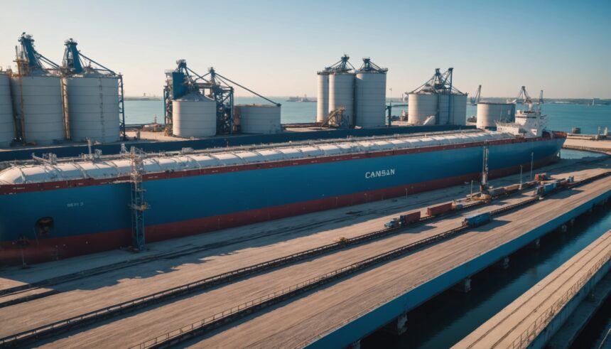 Fertilizer loading facility at Gulf port with cargo ships