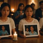 Filipino families holding photos of drug war victims during memorial gathering