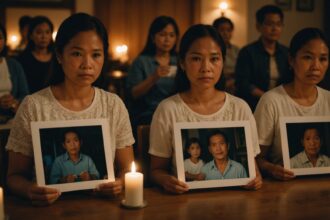 Filipino families holding photos of drug war victims during memorial gathering