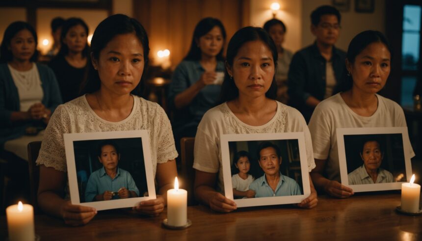 Filipino families holding photos of drug war victims during memorial gathering