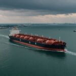 Oil tankers navigate Gulf shipping lanes near petroleum facilities