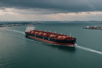 Oil tankers navigate Gulf shipping lanes near petroleum facilities