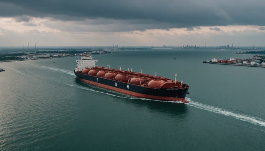 Oil tankers navigate Gulf shipping lanes near petroleum facilities