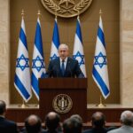 Israeli President Isaac Herzog speaking at official government podium