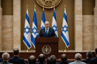 Israeli President Isaac Herzog speaking at official government podium