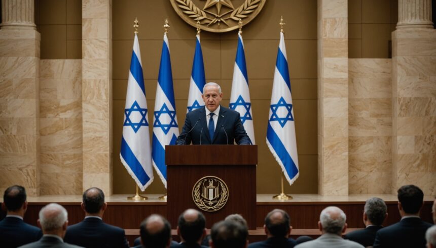 Israeli President Isaac Herzog speaking at official government podium