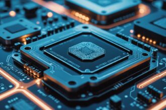 Meta MTIA AI processor chips on circuit board with blue lighting