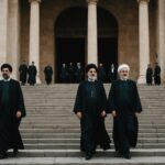 Iranian officials ascending government building steps during leadership transition ceremony