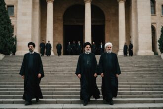 Iranian officials ascending government building steps during leadership transition ceremony