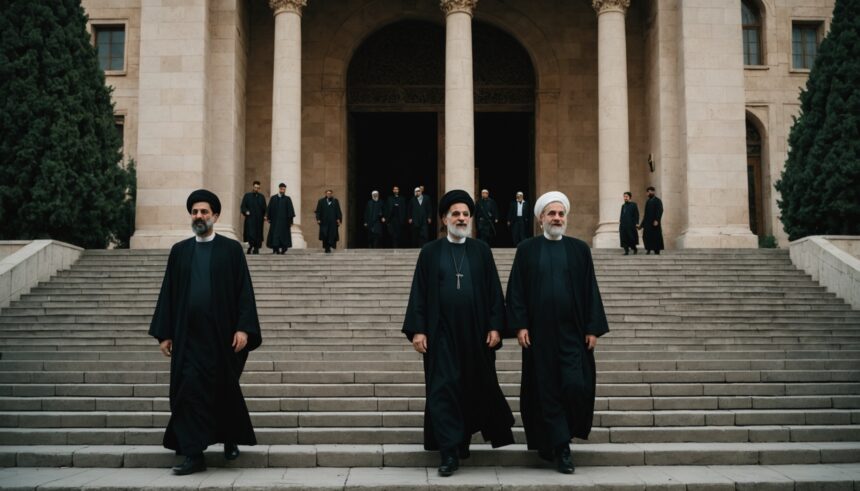 Iranian officials ascending government building steps during leadership transition ceremony