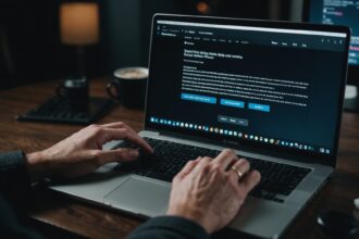 Person typing on laptop with X social media platform displayed on screen