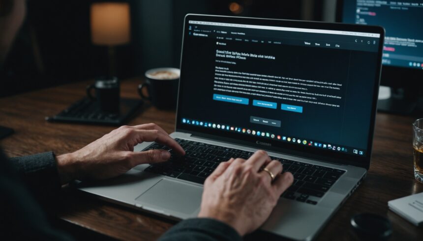 Person typing on laptop with X social media platform displayed on screen