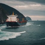 Cargo ship sailing through Strait of Hormuz narrow waterway