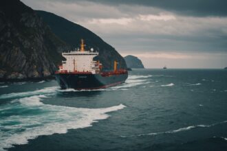 Cargo ship sailing through Strait of Hormuz narrow waterway
