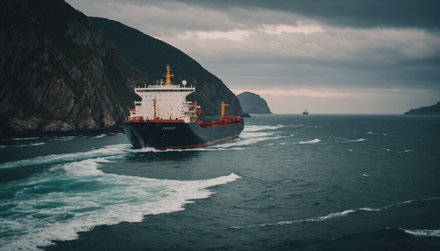 Cargo ship sailing through Strait of Hormuz narrow waterway