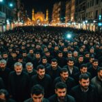 Iranian protesters with phone flashlights in crowded Tehran street at dusk