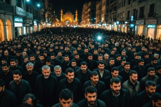 Iranian protesters with phone flashlights in crowded Tehran street at dusk