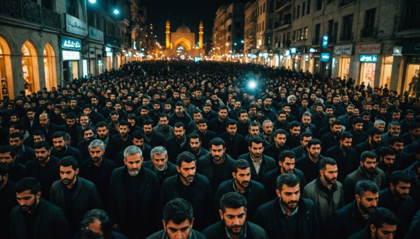 Iranian protesters with phone flashlights in crowded Tehran street at dusk