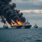 Naval vessels burning in Strait of Hormuz waters near oil tankers