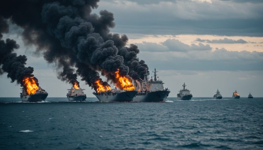 Naval vessels burning in Strait of Hormuz waters near oil tankers