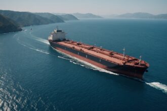 Oil tanker with naval escort sailing through Strait of Hormuz waters