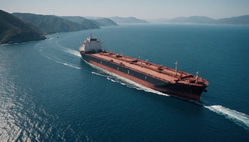 Oil tanker with naval escort sailing through Strait of Hormuz waters