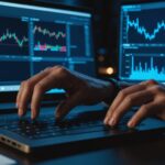 Person investigating cryptocurrency fraud on computer with trading charts displayed