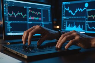 Person investigating cryptocurrency fraud on computer with trading charts displayed