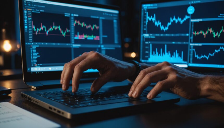 Person investigating cryptocurrency fraud on computer with trading charts displayed