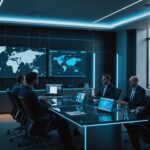 Venture capitalists reviewing AI investment analytics in modern boardroom