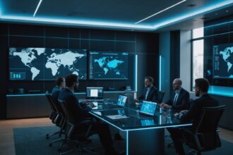 Venture capitalists reviewing AI investment analytics in modern boardroom