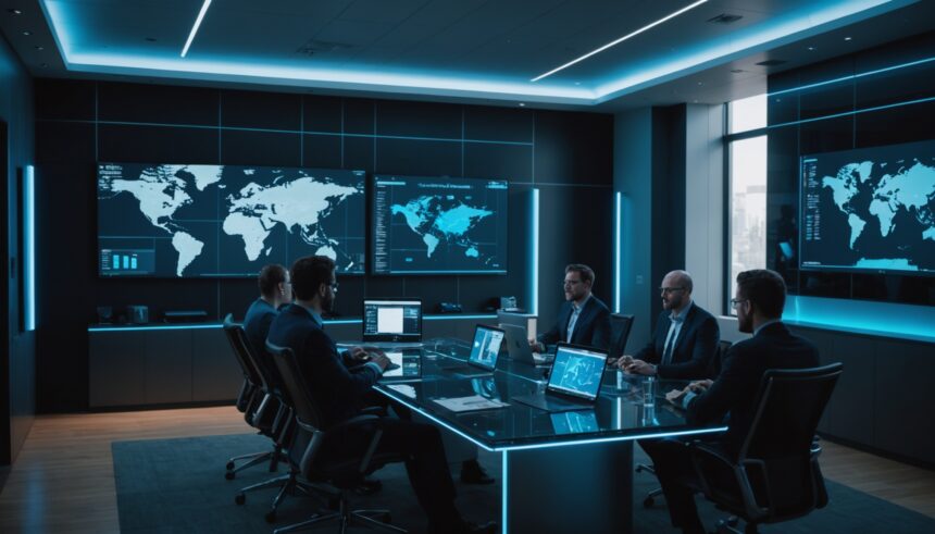 Venture capitalists reviewing AI investment analytics in modern boardroom