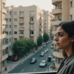 Young Iranian woman looking through window at empty Tehran street