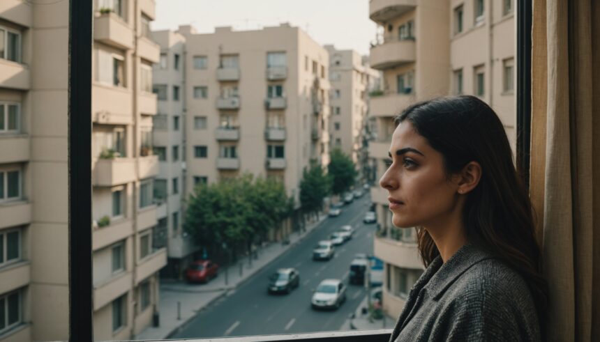 Young Iranian woman looking through window at empty Tehran street